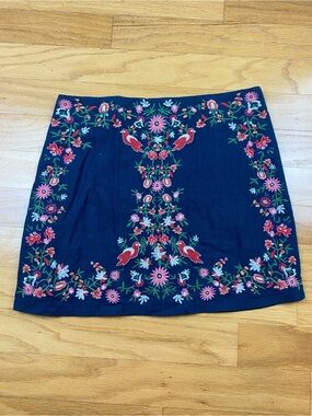 Altar'd State Women's Linen Blend Bird Embroidered Navy Mini Skirt Size large